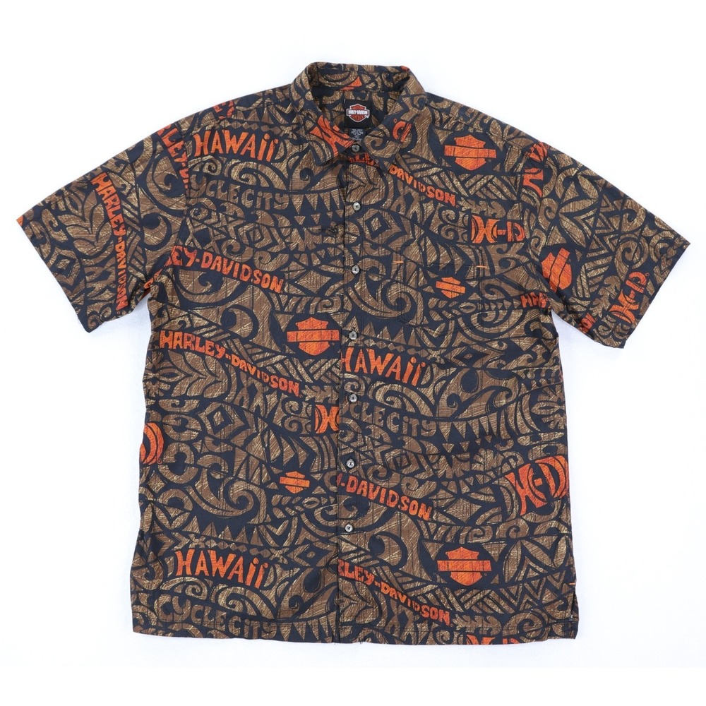 Harley Davidson Aloha Shirt Mens M Orange Black Tribal HD Short Sleeve NWOT